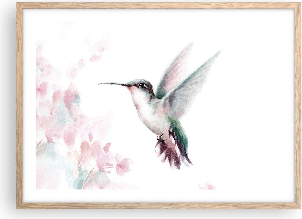 Gerahmtes Poster - Rahmen in heller Eiche - Kolibri Aquarell Licht - 70x50 cm - Wand Bild - Wanddeko - Wandbilder - Kunstposter - Wandposter - Bild...
