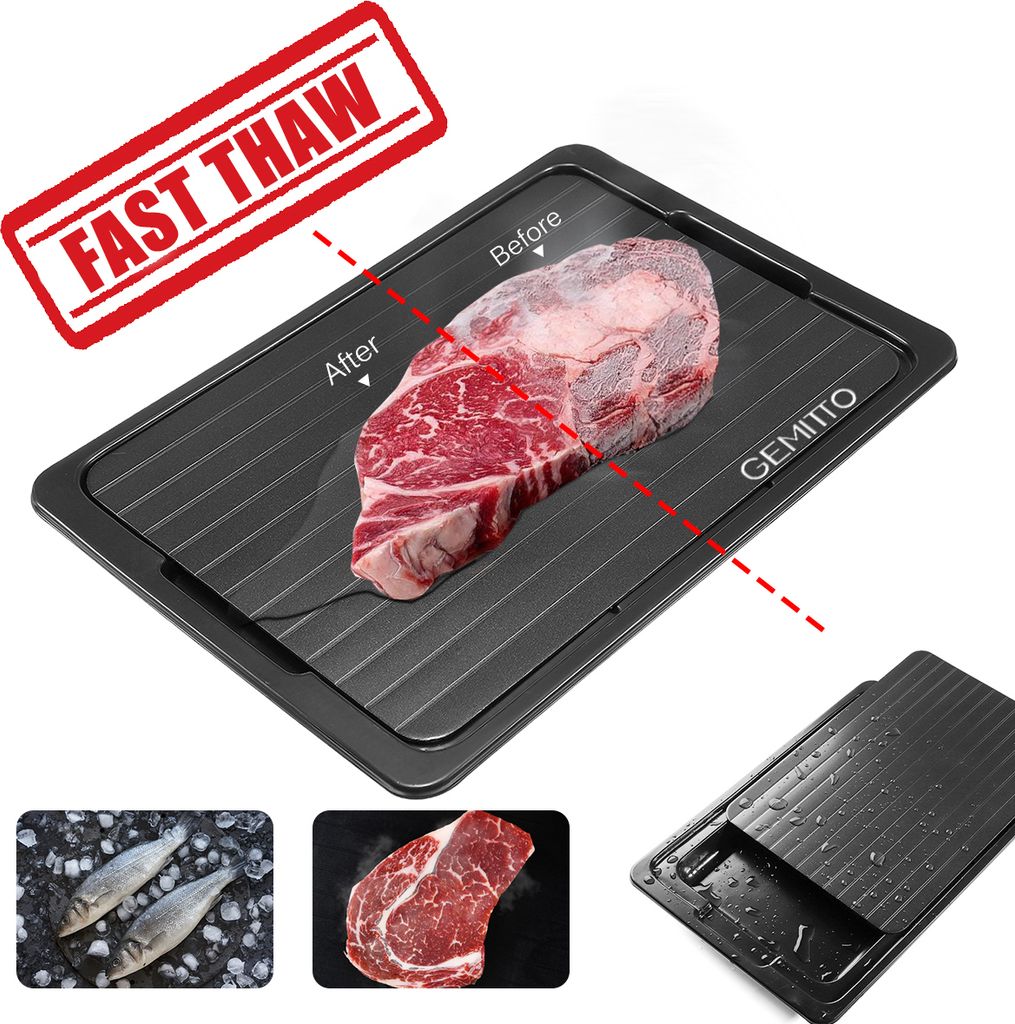 A defrosting tray with a steak on it, showing the 'before' and 'after' states. Smaller images of fish and steak are also shown.