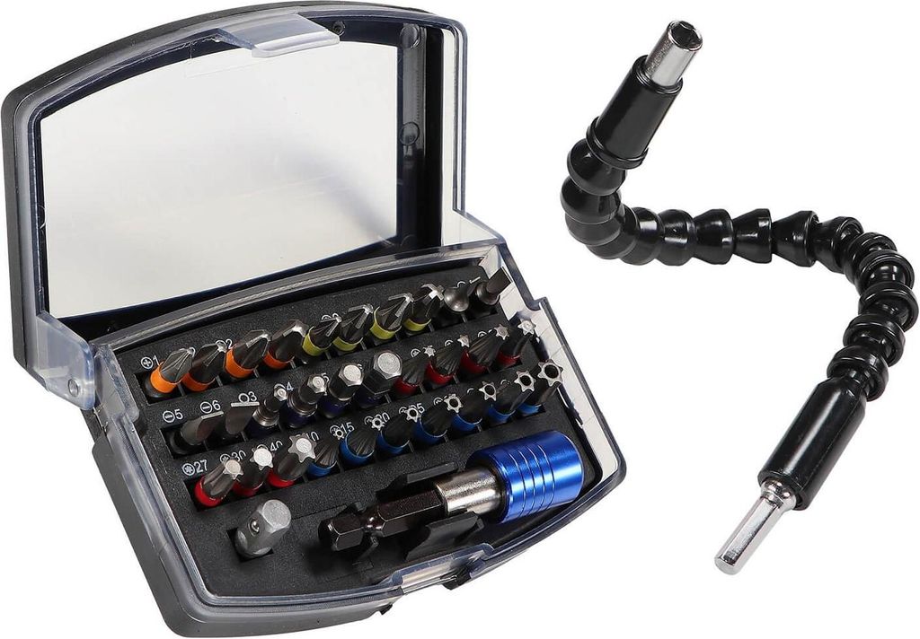 Magnet Bithalter mit Schwanenhals + 32 teiliger Bit Satz S2 Stahl in Box