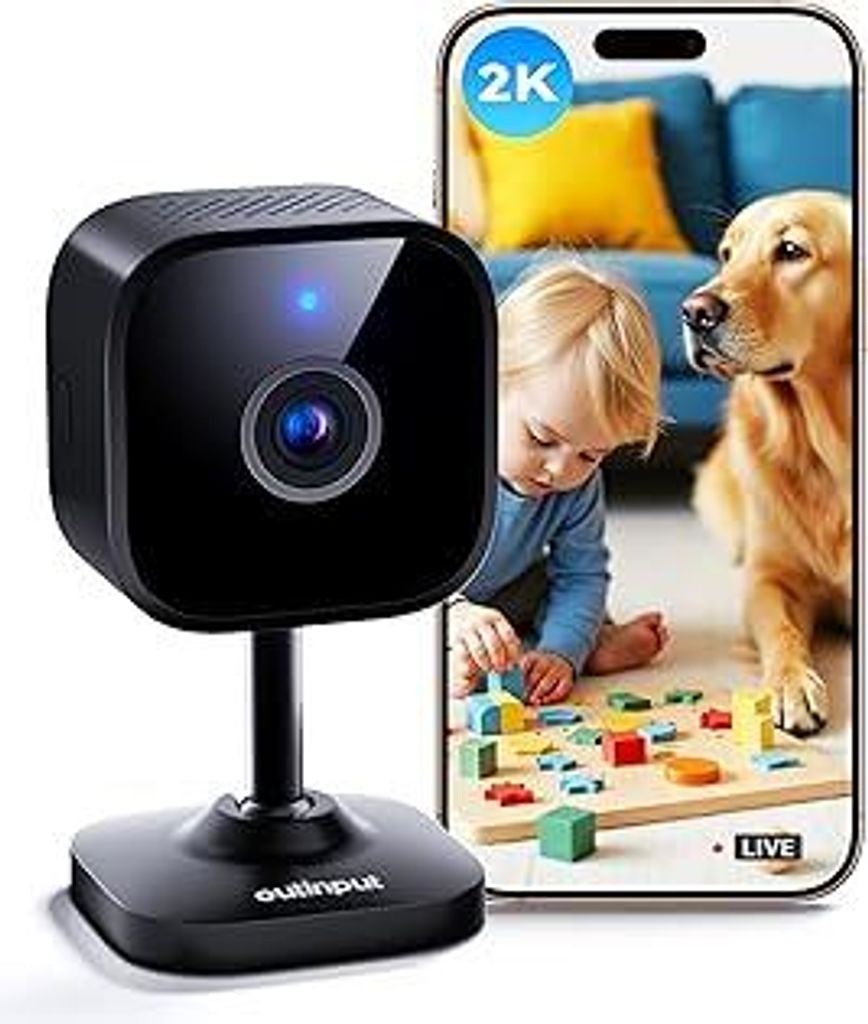 Outinput 2K Plug-in Überwachungskamera Innen, WLAN Indoor Kamera mit Nachtsicht, Hundekamera mit App, Bewegung&Geräusch-Erkennung, 2-Wege-Audio, ...