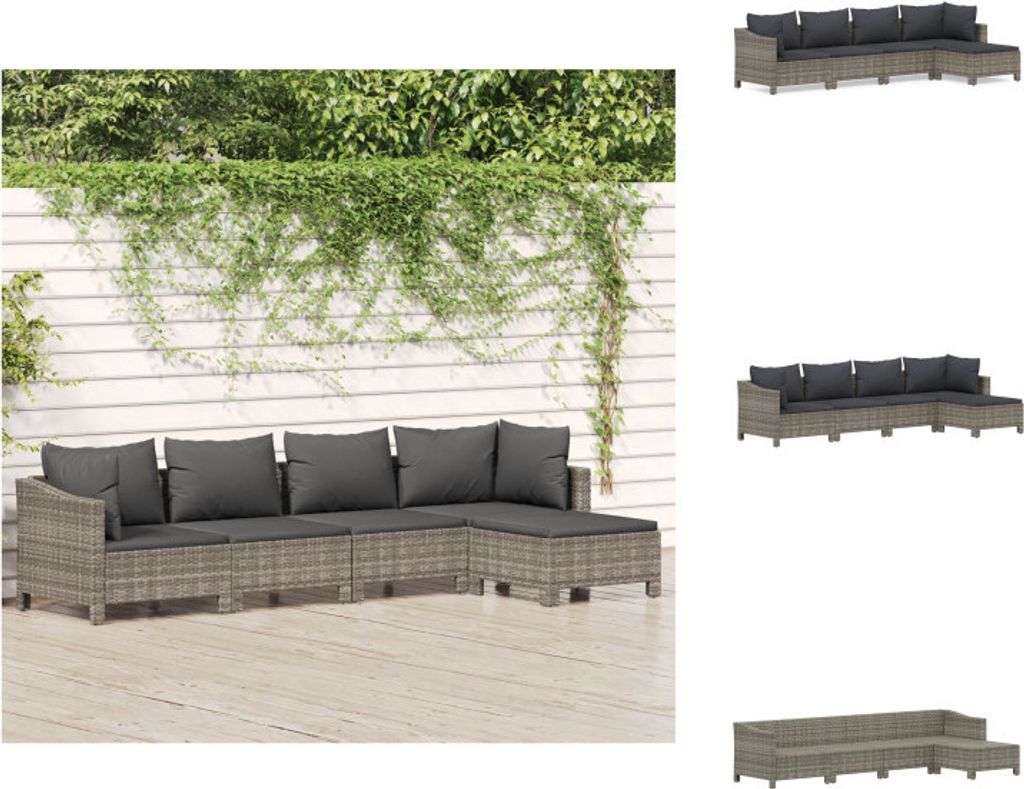 vidaXL 5-tlg. Garten-Lounge-Set mit Kissen Grau Poly Rattan - Gartenmöbel-Sets