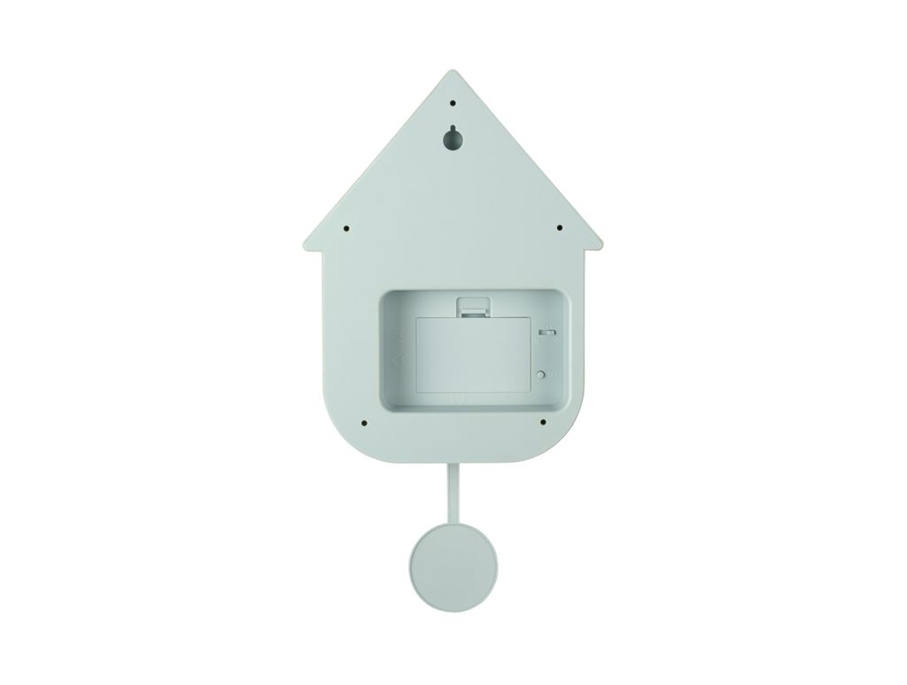 The back of a light blue cuckoo clock shaped like a house, with a pendulum hanging below.