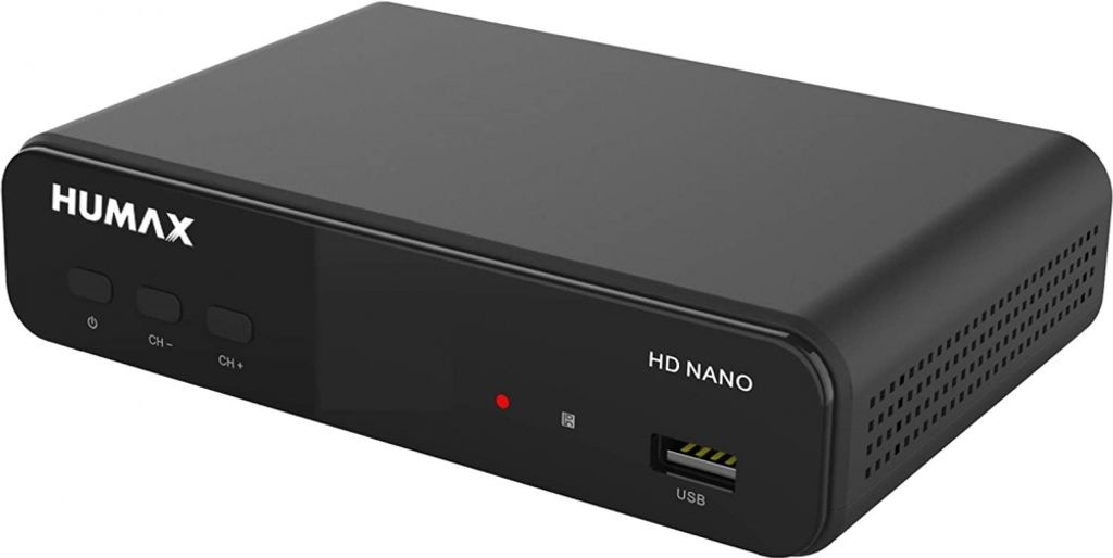 A black Humax HD Nano satellite receiver is shown from a diagonal front-left perspective on a white background.