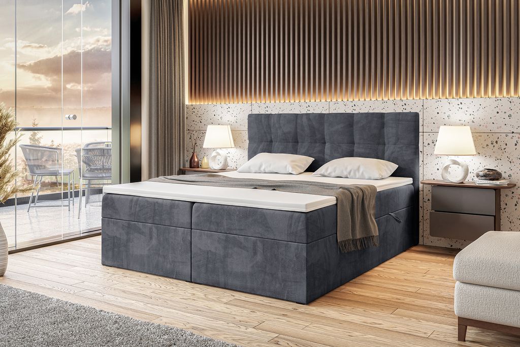 MEBLINI Boxspringbett mit Bettkasten - Gepolstert Doppelbett mit Matratze und Topper - Polsterbett mit Stauraum - Bett mit Kopfteil - Stauraumbett ...