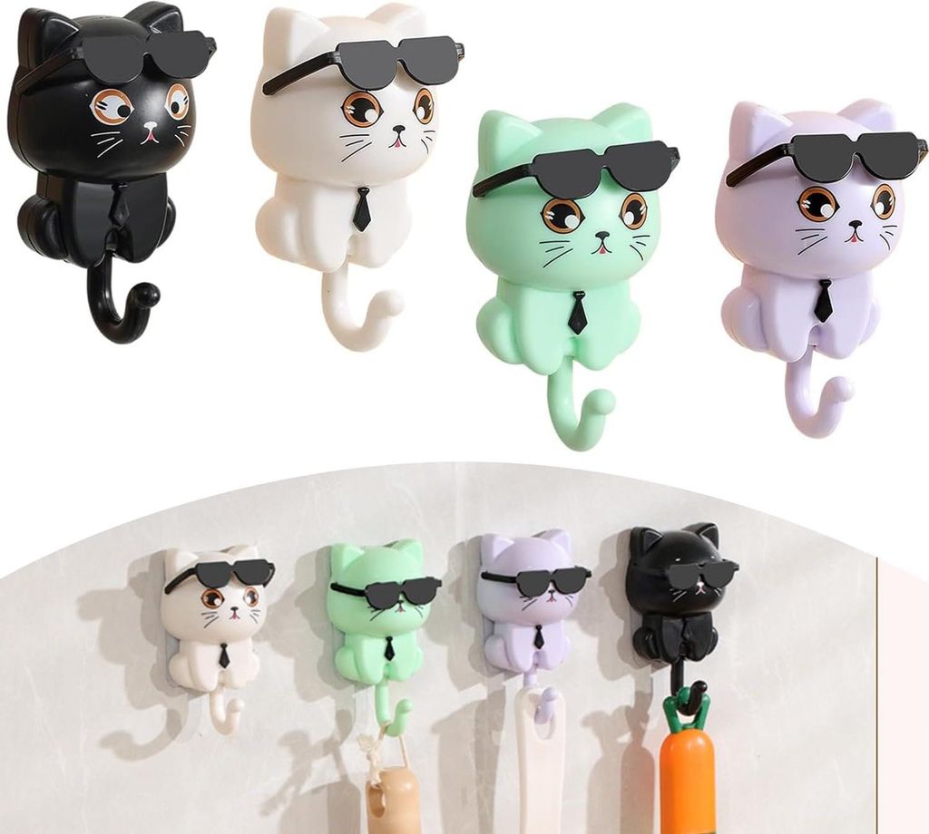 Selbstklebende Kleiderhaken mit Schlüsselhalter - Süße Katzen-Schlüsselhaken mit Sonnenbrille - Tierhaken zur Aufbewahrung und Wanddekoration