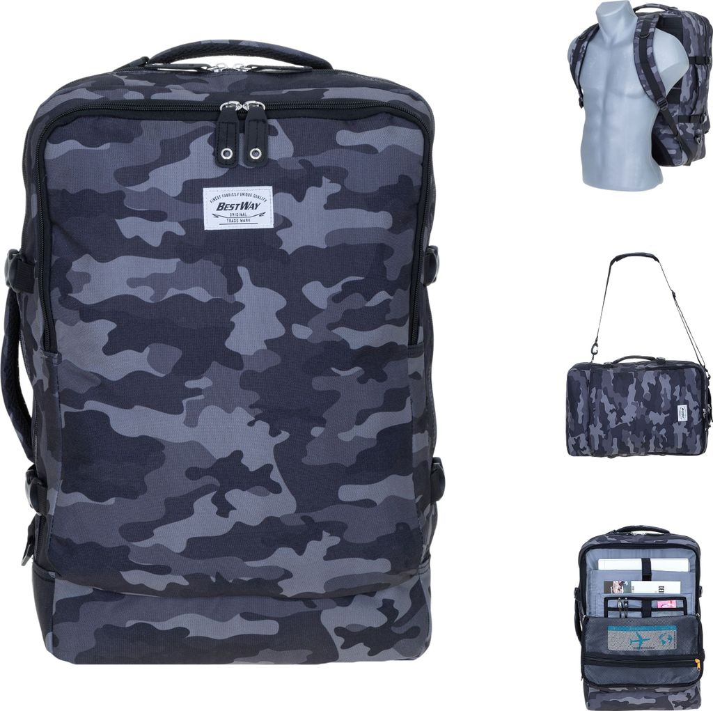 Rucksack Damen Herren Reiserucksack Bestway Cabin Pro IATA 42 Liter Handgepäck Laptopfach Schultergurt 40252-0159 Camo Grau Schwarz + 1L Flüßigk...