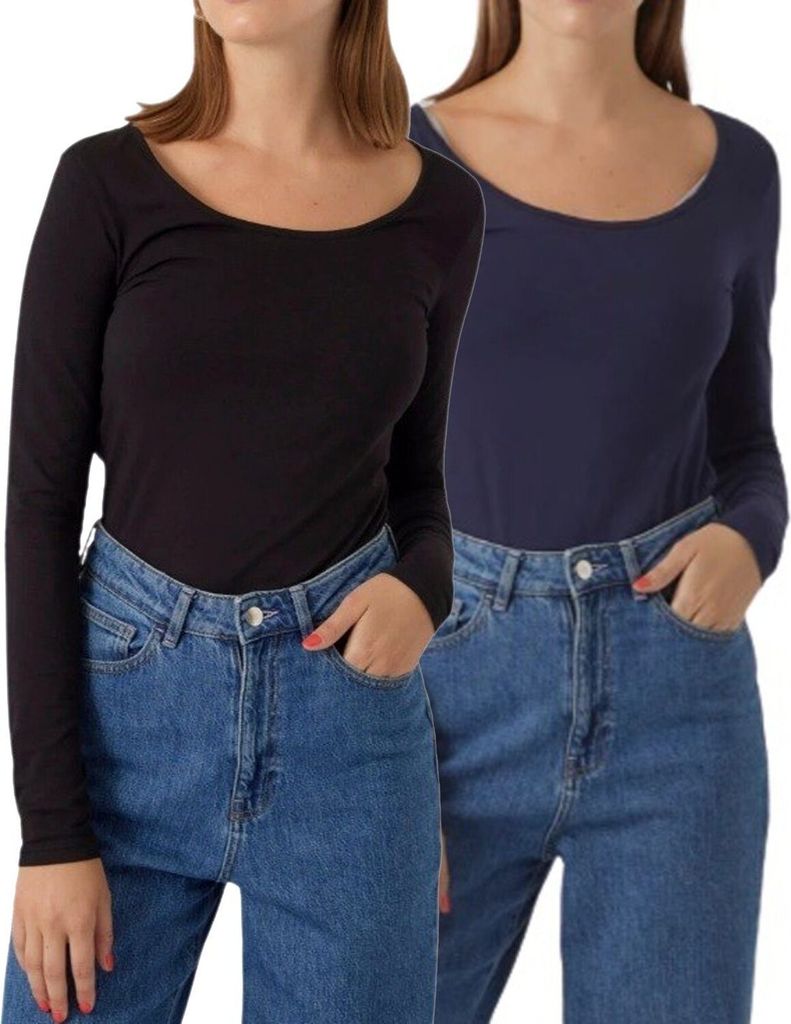 Vero Moda Doppelpack Damen Langarmshirts Basic Slim-Fit Shirt unifarben Rundhals Ausschnitt, VM 908 LS 1xBlack1xNavy-XS