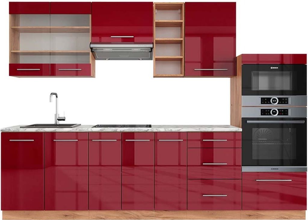 Küchenzeile Vicco Fame-Line Bordeaux Hochglanz/Goldkraft Eiche 280 cm , AP Marmor, Model 42470