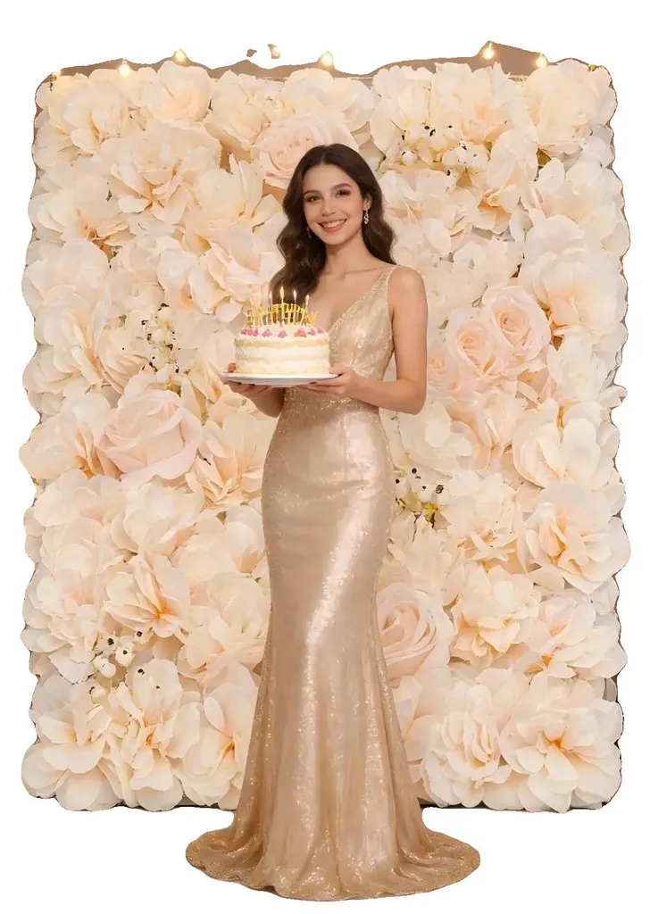 Panneau floral artificiel élégant, texture soie Blanc et Jaune Pâle x6
