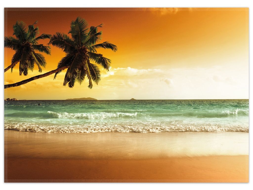 Wallario Premium Teppich, Größe 50 x 70 cm, Palmen am Sandstrand bei untergehender Sonne