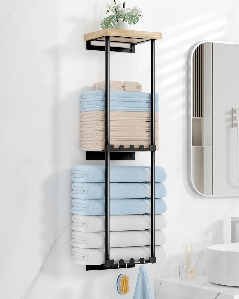 Étagère à serviettes murale noire en aluminium avec crochets de rangement