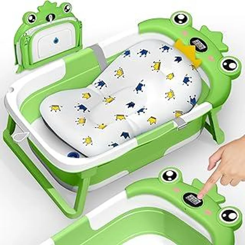 Vaschetta Bagnetto Neonato Pieghevole con Termometro e Cuscino Verde B