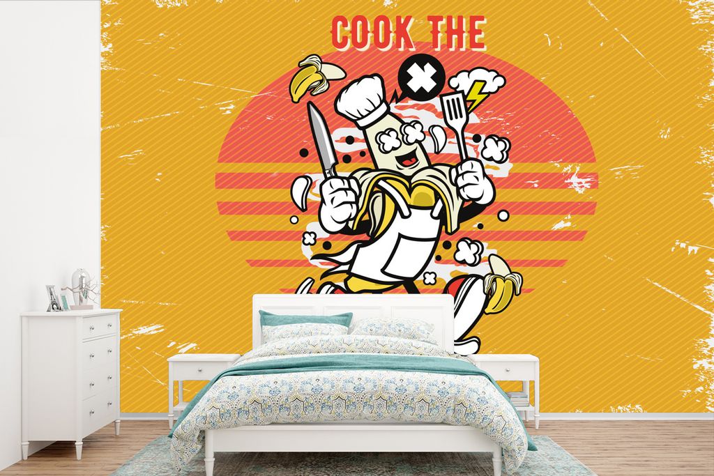 MuchoWow Fototapete für Wohnzimmer oder Schlafzimmer Wandtapete Vinyl Motivtapete Vintage - Banane - Schürze - 360x240 cm - Vinyl-Tapete