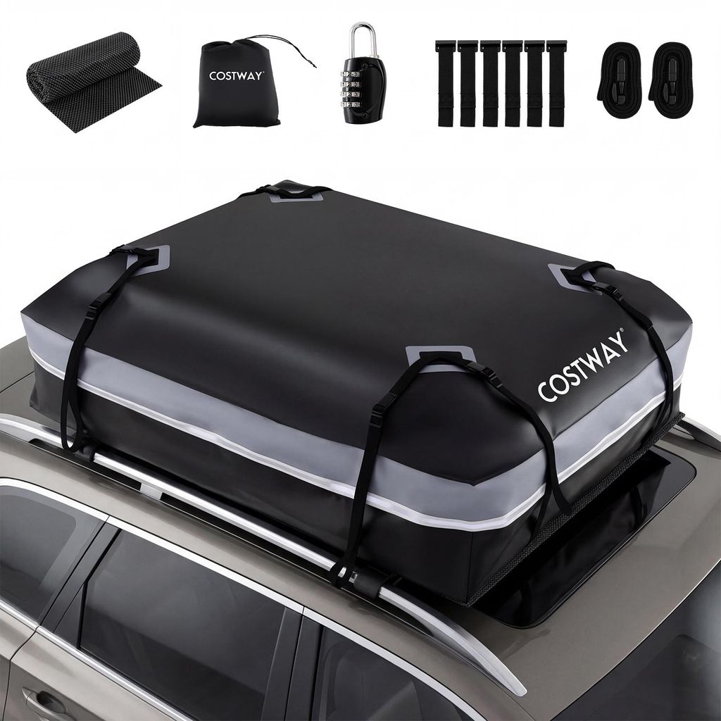 COSTWAY Dachbox Auto, 600L Dachkoffer wasserdicht, Gepäckbox mit Anti-Rutsch-Matte, 6 Türhaken, Schloss & Tragetasche, tragbare Dachtasche XXL Grau