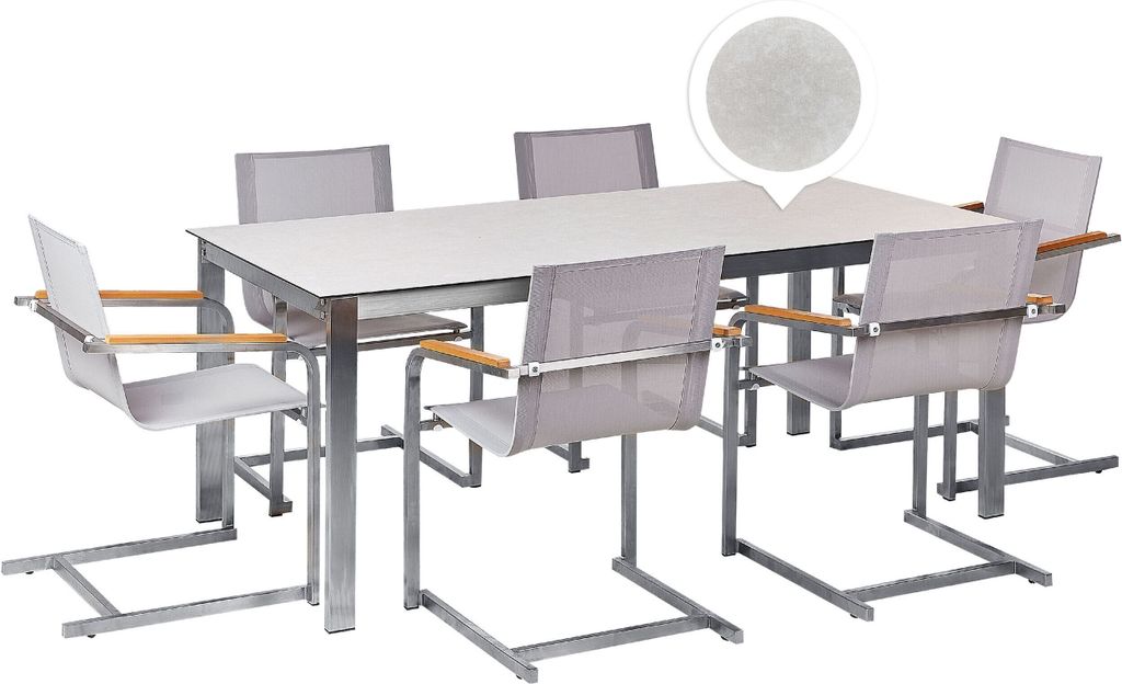 BELIANI Gartenmöbel Set Weiß und Beige Edelstahl 6 Stühle Polyester Tisch 180x90 cm Sicherheitsglas Keramik Gartenausstattung Terrasse Outdoor I...