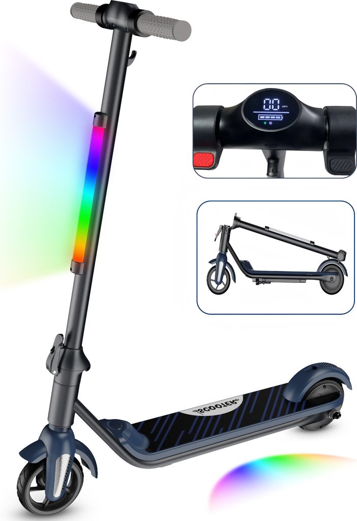 Elektroroller KXQ-EPRO E-Scooter Für Kinder 6-12 Jahren- Faltbar- LCD-Anzeige- Reichweite 8km- Max. 12km/h- Bunte Neonlichter- Elektroscooter Grau