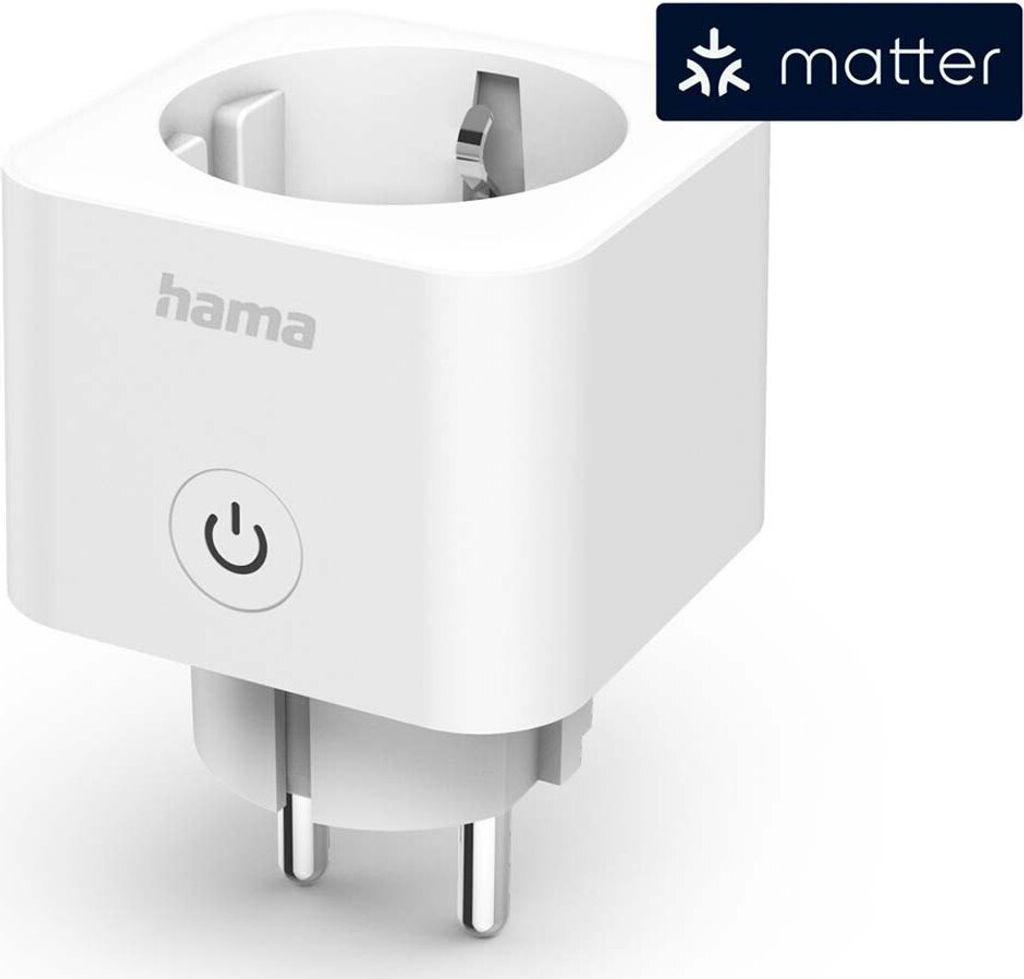 A white smart plug with a power symbol and the brand name 'hama' printed on it. A 'Matter' logo is visible in the top right corner.