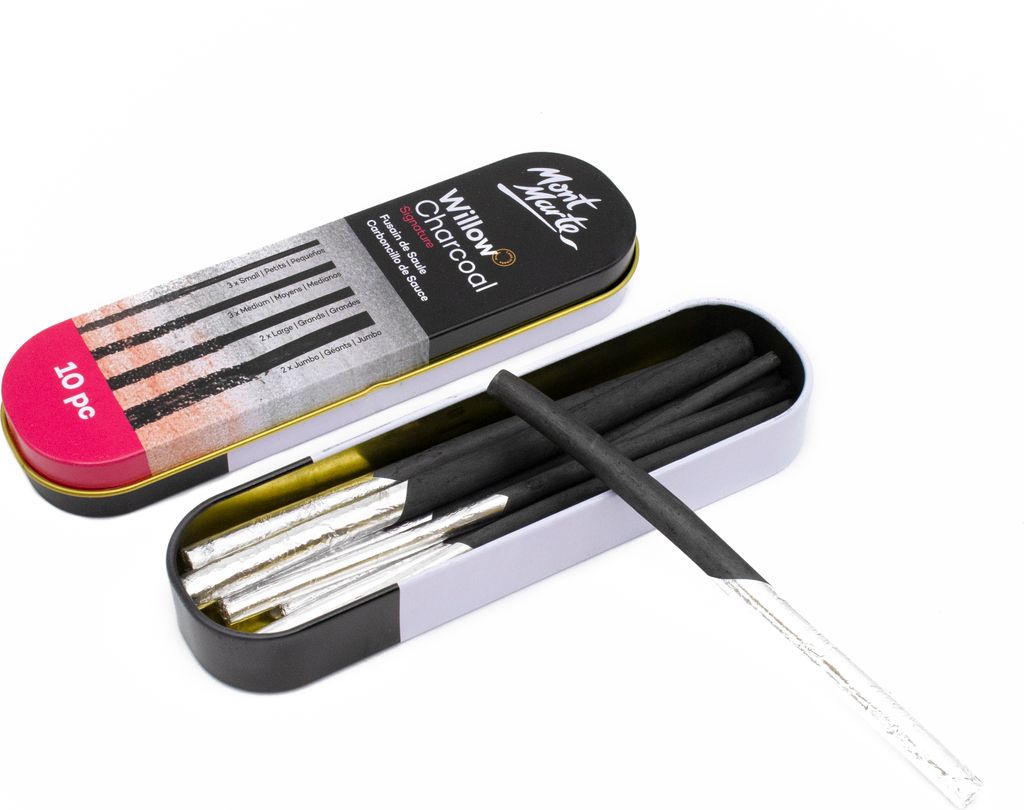 Mont Marte Kohlestift, Künstler-Set mit 10 x Zeichenkohle in Folie & praktische Aluminiumcase