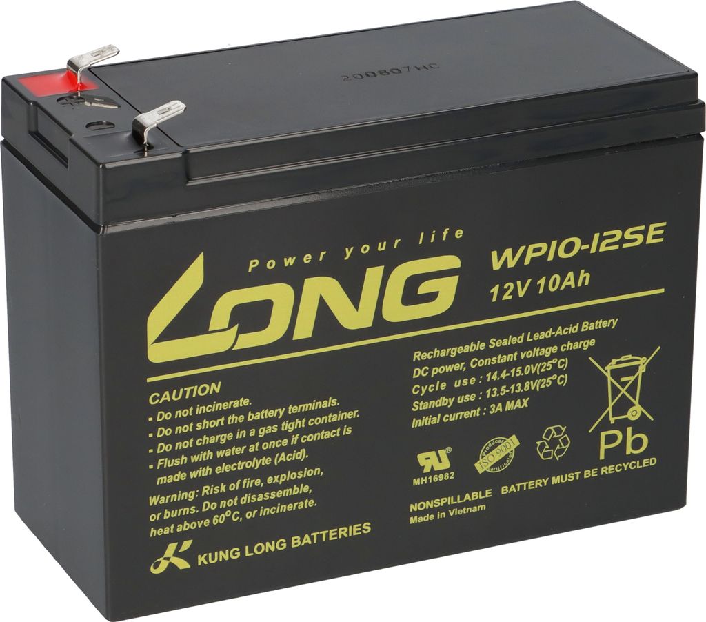 A black battery with yellow and white text and logos, placed on a white background.