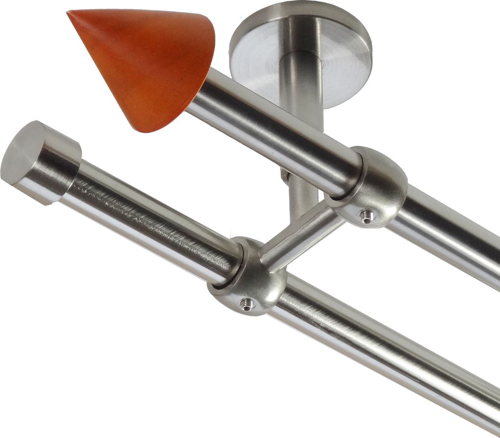 Gardinenstange Set Edelstahl Look Metall Ø 16mm Deckenbefestigung 2-lauf Holz Spitze, Länge wählbar D21 E51 E16