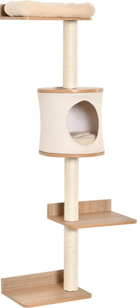 Parcours mural pour chat en bois naturel - 3 plateformes et griffoirs