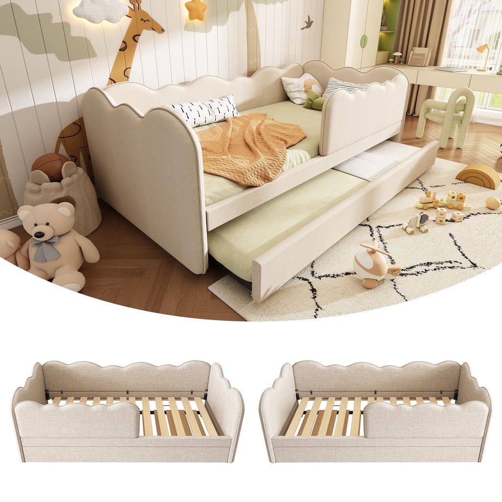Dagbed 90x190 cm met uitschuifbed, bekleed kinderbed in de Productafbeelding 