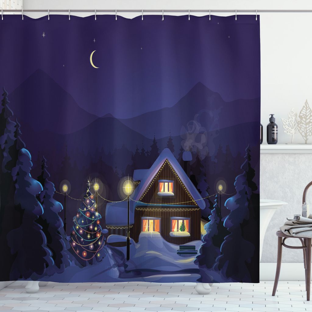 ABAKUHAUS Weihnachten Duschvorhang, Winter Home und Baum, Waserdichter Stoff mit 12 Haken Set Dekorativer Farbfest Bakterie Resistet, 175 x 220 cm,...