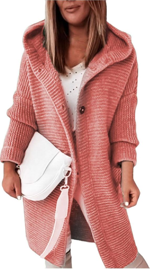 ASKSA Damen Strickjacken Strickmantel Warm Langarm Einfarbig Sweatshirt Grobstrick Hoodie Strickcardigan Mit Kapuze (Orange,XL)