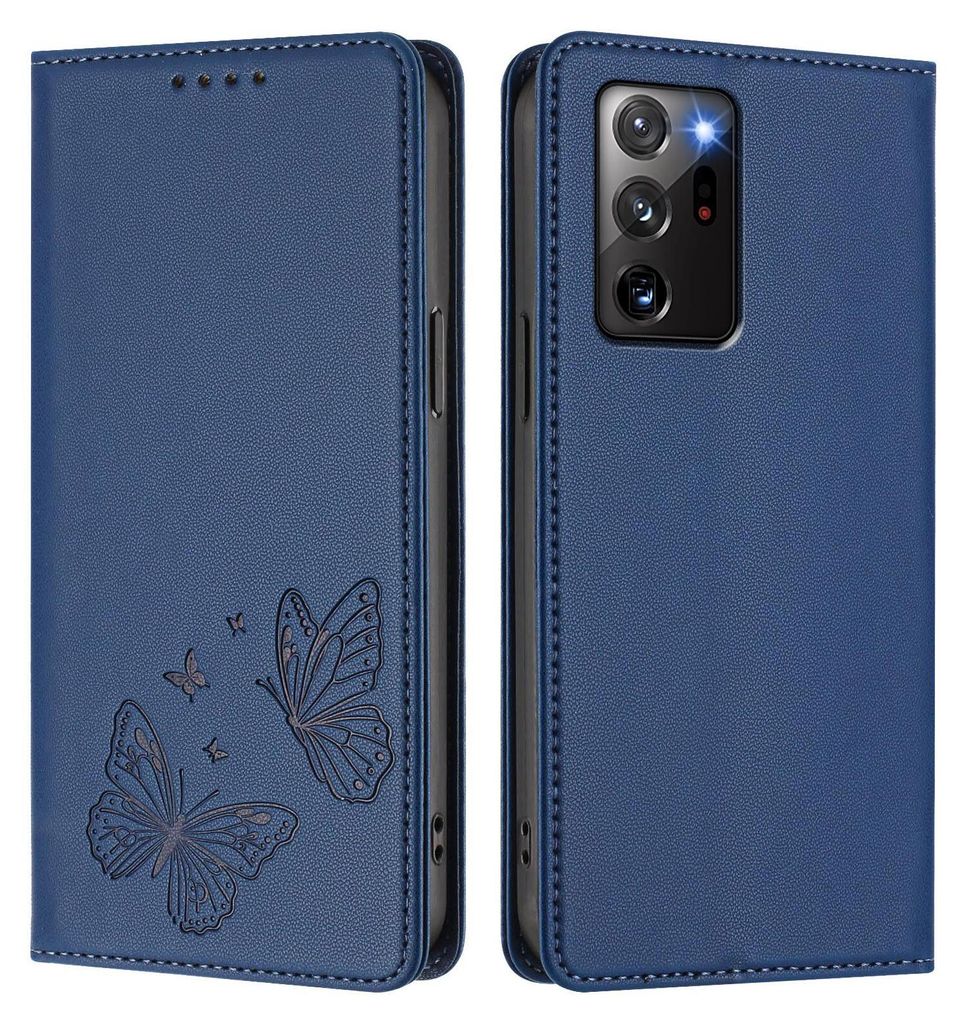 Lederhülle für Samsung Galaxy Note 20 Ultra, Schmetterling Prägung Leder Brieftasche Schutzhülle mit Ständer Dunkelblau