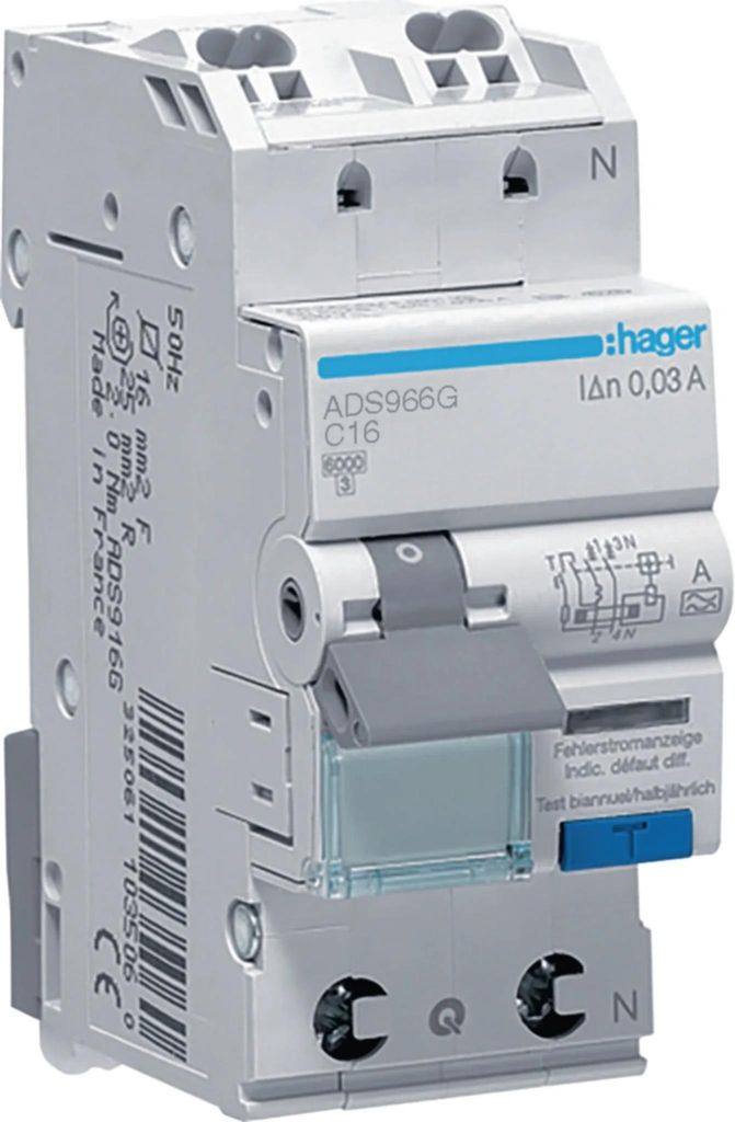 Hager FI-LS, 1P+N, 6kA, C-16A, 30mA, A-G, QC-QB, 1 Stk.