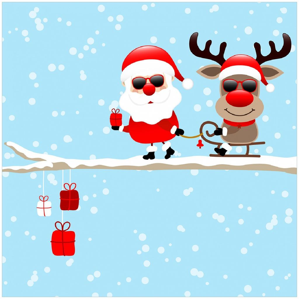 Wallario Premium Glasbild, freischwebende Optik, kräftige Farben, Größe 30 x 30 cm Motiv Cooler Weihnachtsmann mit Rentier auf einem Ast