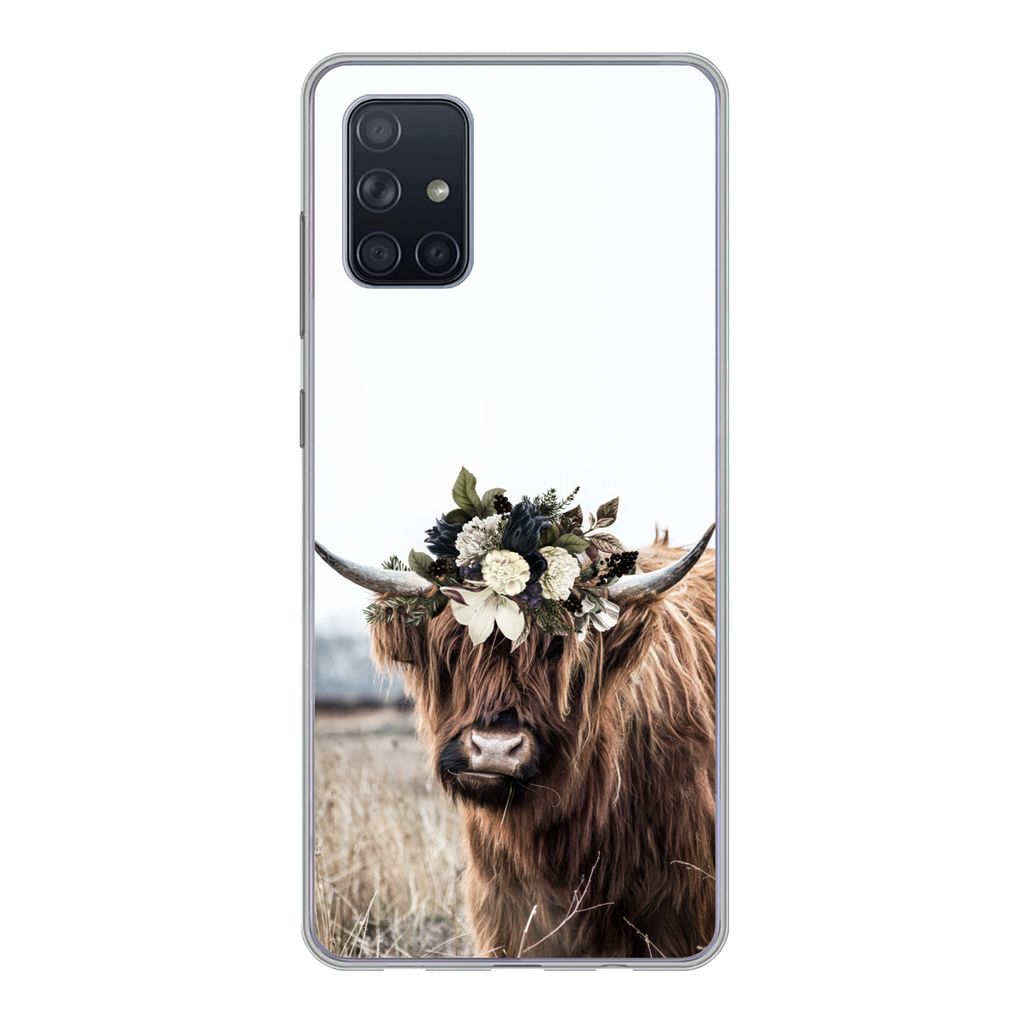 MuchoWow Handyhülle Schutzhülle Hülle für Samsung Galaxy A51 Schottischer Highlander - Blumen - Tiere Silikon Softcase Handy Hülle - Schutza...