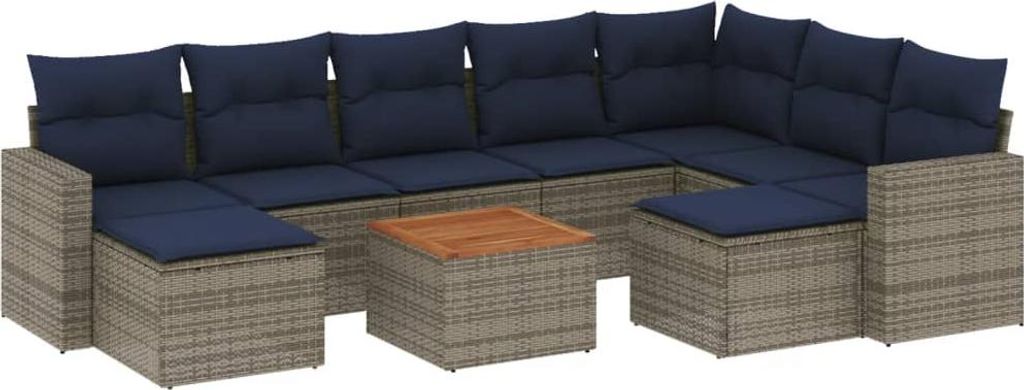vidaXL 10-teiliges Gartensofa-Set mit Kissen, grau, Polyrattan