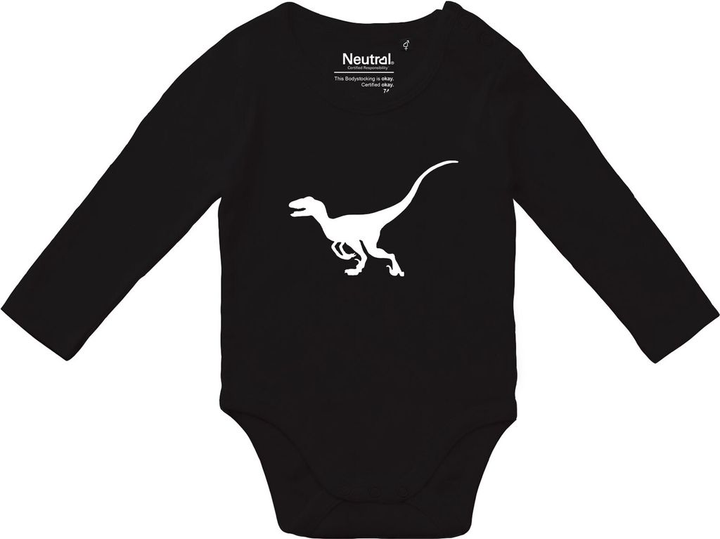 Huuraa Baby Body Velociraptor Dinosaurier 80 Black Baumwolle Fairtrade Langarmbody Geschenkidee