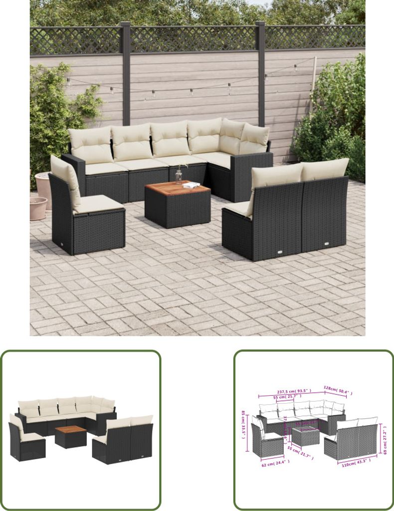 The Living Store 9-tlg. Garten-Sofagarnitur mit Kissen Schwarz Poly Rattan
