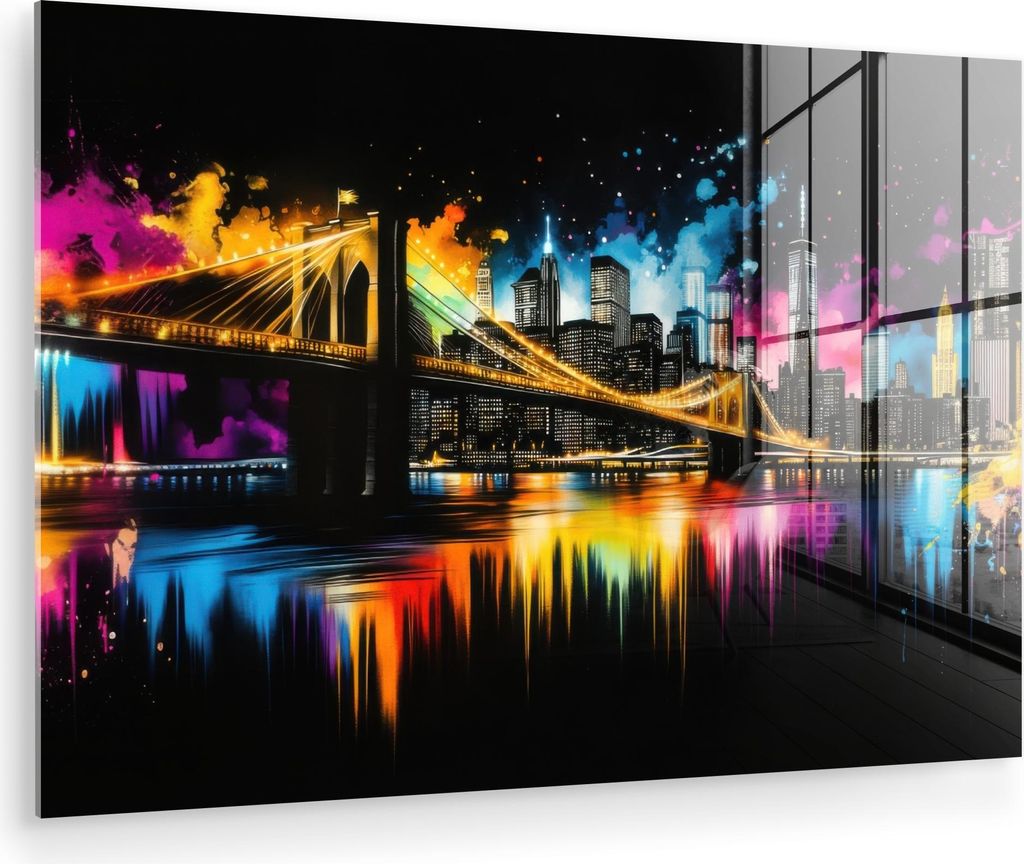 MuchoWow Glasbilder - Bilder auf Wandbild - Foto auf Glas Skyline - Brücke - Beleuchtung - Farben 90x60 cm Wanddekoration aus Glas - Acrylglasbild...