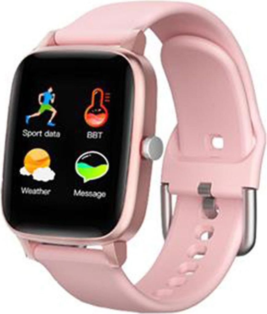 A pink smartwatch with a black screen displaying various app icons.