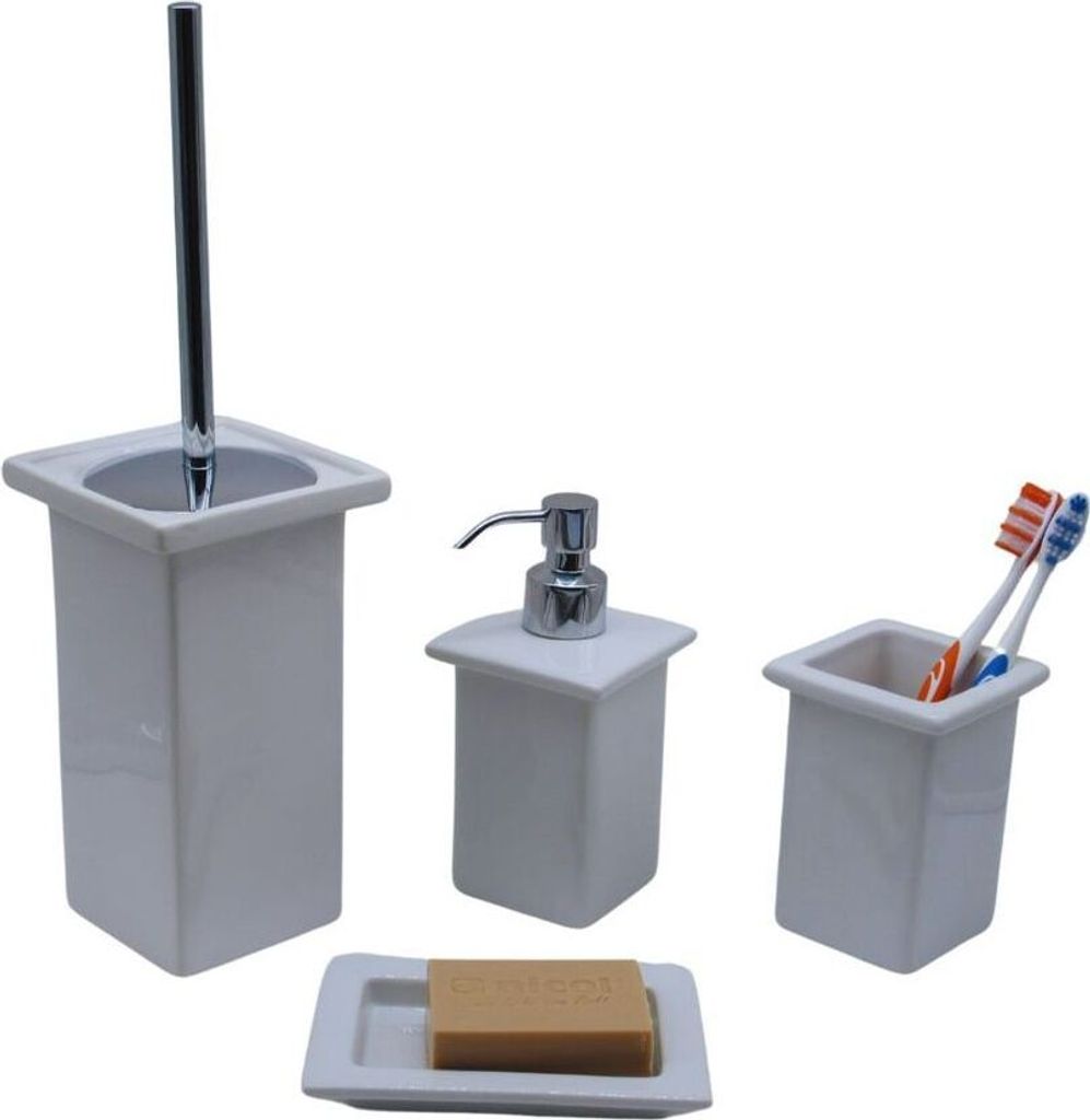 4tlg Set Bad Accessoires WC Bürste Seifenspender Seifenschale Zahnbürstenhalter Minnesota Weiß
