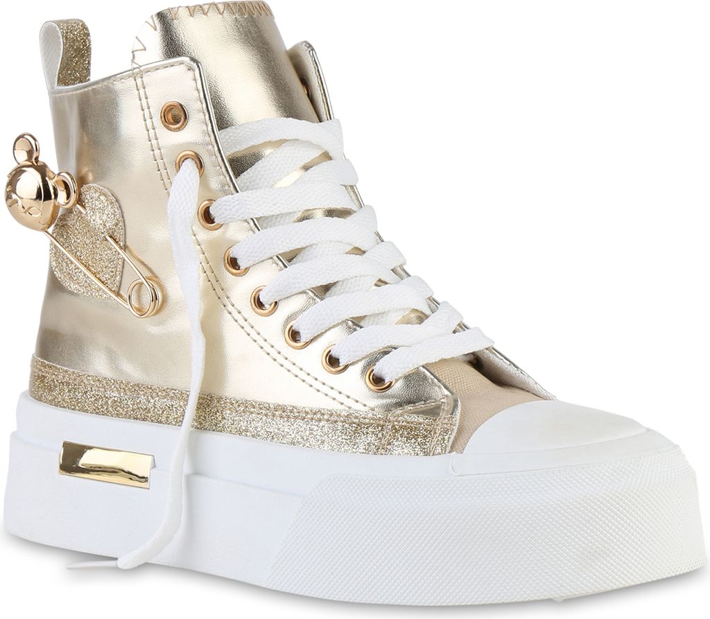 VAN HILL Damen Sneaker High Schnürer Glitzer Keilabsatz Freizeit Schuhe 841578, Farbe: Gold, Größe: 36