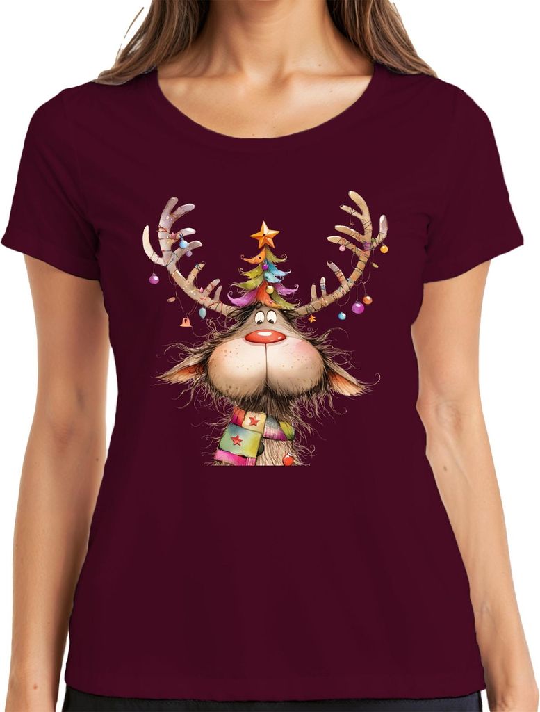 Lustiges Rentier Weihnachtsbaum Geweih bunte Kugeln Schal Damen T-Shirt, Burgundy, XL