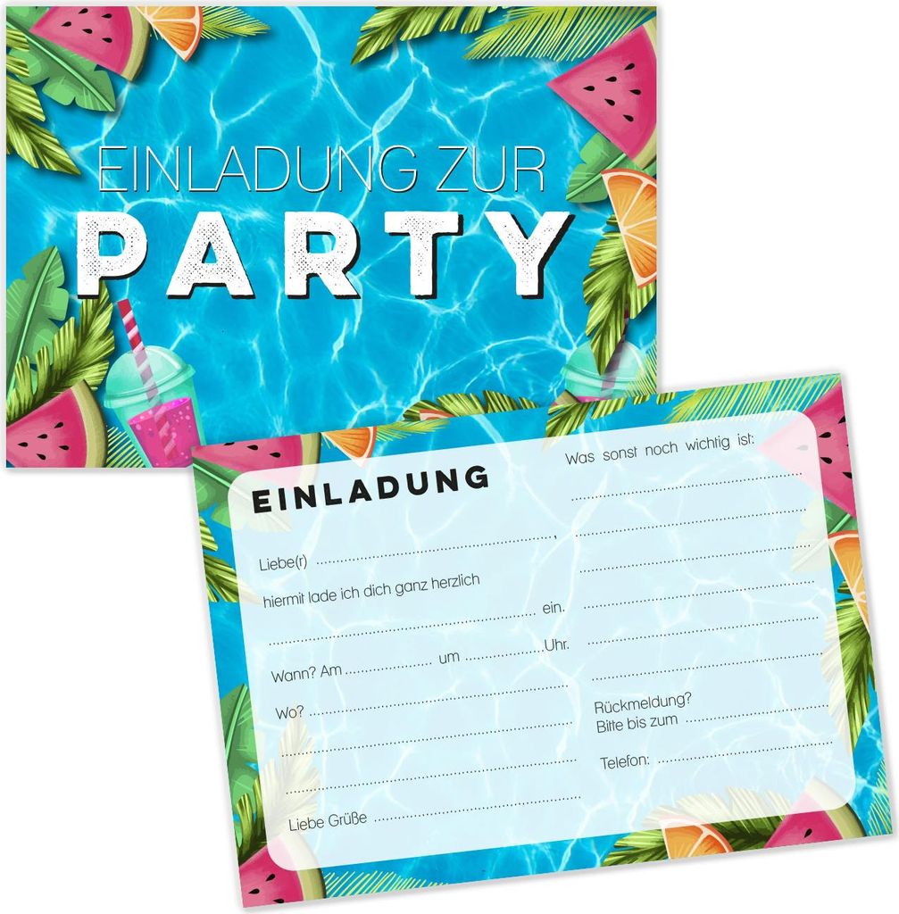 younikat 12 Einladungskarten Poolparty I DIN A6 Querformat I Wassermelone Pool Design I Sommer Beach Party I 350g/m² I Kindergeburtstag I you0131