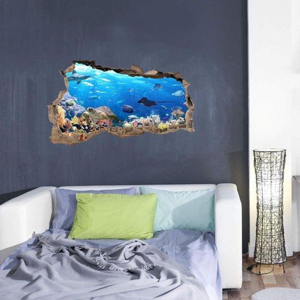 Selbstklebendes Wandtattoo, Tierbild, 3D-Muursticker, Durchbruch, H 60 x B 100 cm, Schlafzimmer, Wohnzimmer (WL42 Fische)
