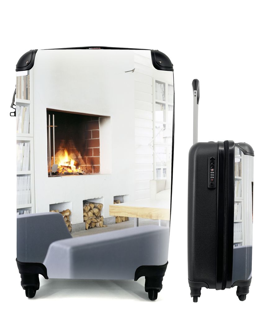 MuchoWow Koffer Handgepäck Trolley Rollkoffer Kleine Reisekoffer mit 4 Rollen - Kamin in einem modernen Zimmer - Cabin Size < 55x40x23 cm & 55x4...