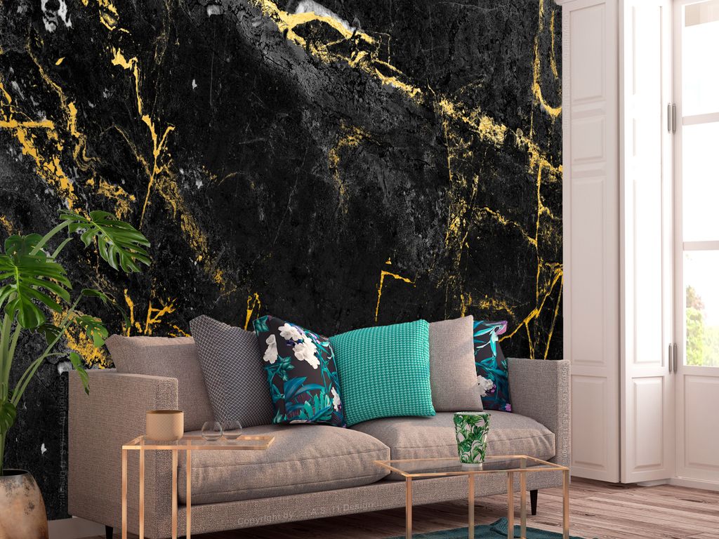 Vlies Fototapete SteinWand 350x256 cm Tapeten Wandtapete XXL Marmoroptik Abstrakt 3D golden schwarz f-C-0461-a-a