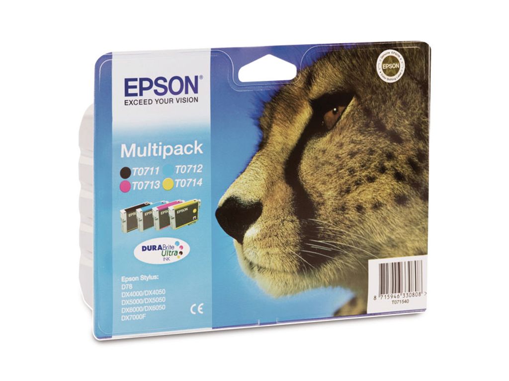 A multipack of Epson ink cartridges in its original packaging, featuring a close-up of a cheetah.