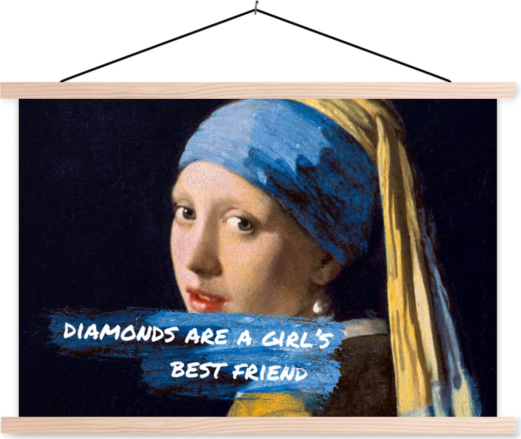 MuchoWow Textilposter Vermeer - Das Mädchen mit dem Perlenohrring - Zitat 120x80 cm mit holzfarbenen Rahmen - Aufhängeset