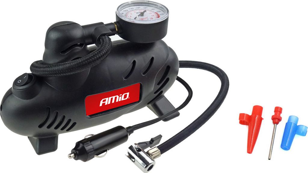 A black 12V car tire inflator with a pressure gauge and accessories, shown on a white background.