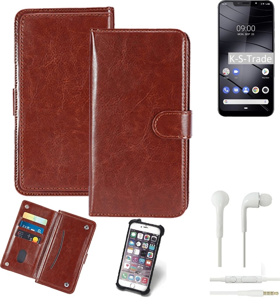 K-S-Trade 360° Hülle kompatibel mit Gigaset GS195 inkl. Headphones braun Kunstleder Case BookCase WalletCase Kunstlederederhülle Handyhülle,