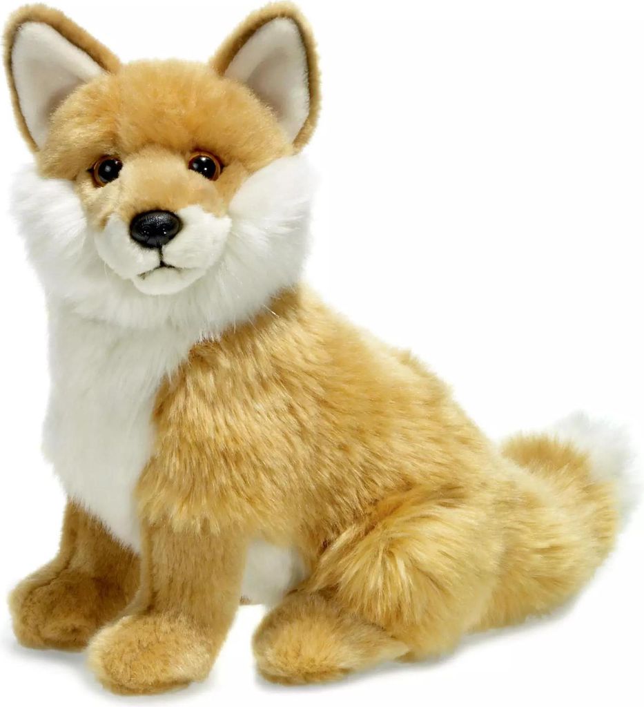 A plush toy fox sitting on a white background.