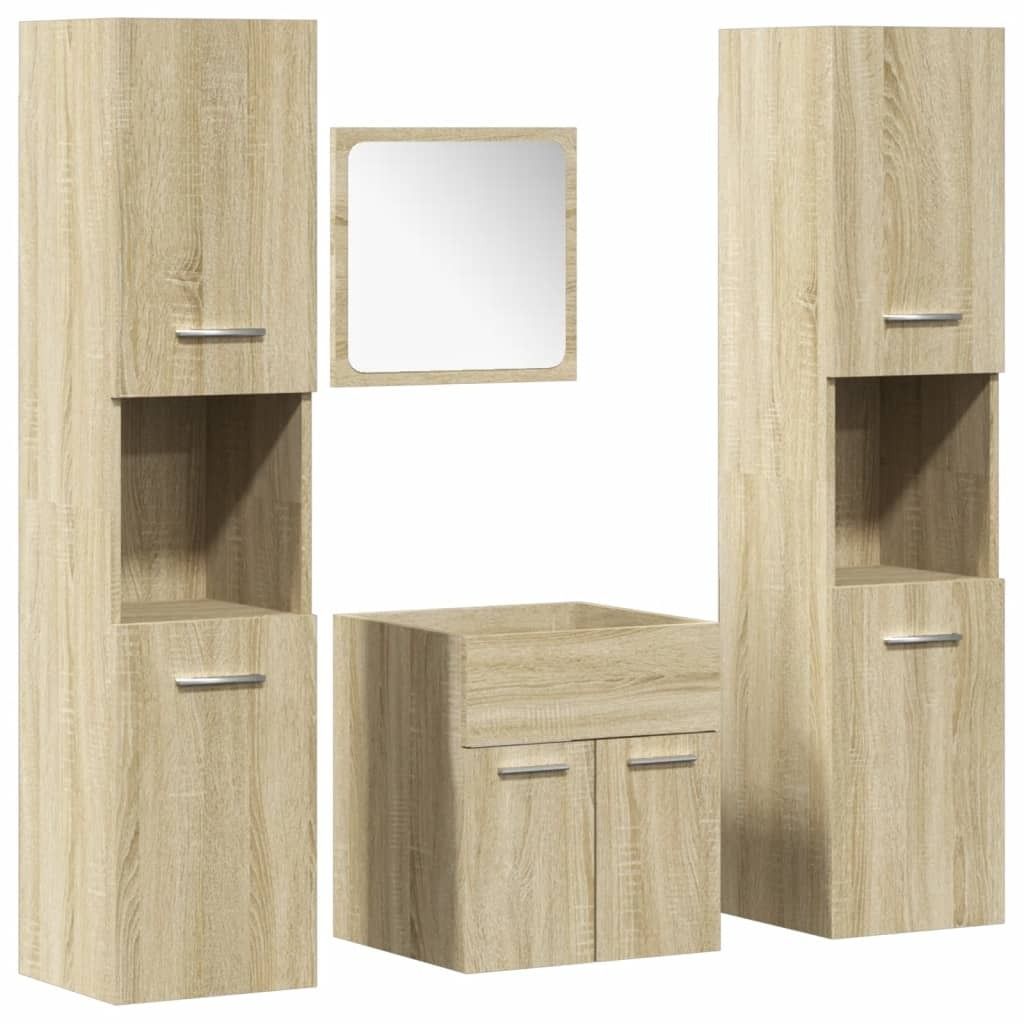 4-tlg. Badmöbel-Set, Sonoma-Eiche Holzwerkstoff, mit Hochschrank, Waschbeckenunterschrank, 2x Badschrank, Spiegel, Wandmontage